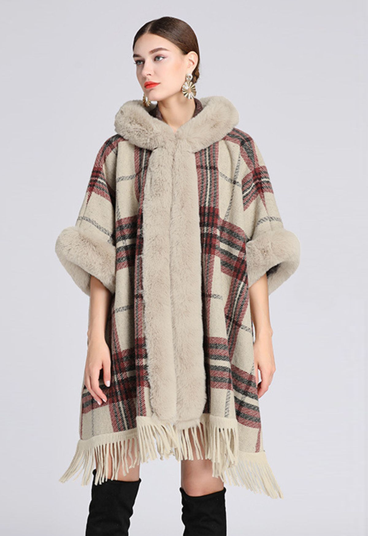 Plaid Fringe Faux Fur Hooded Poncho in Camel