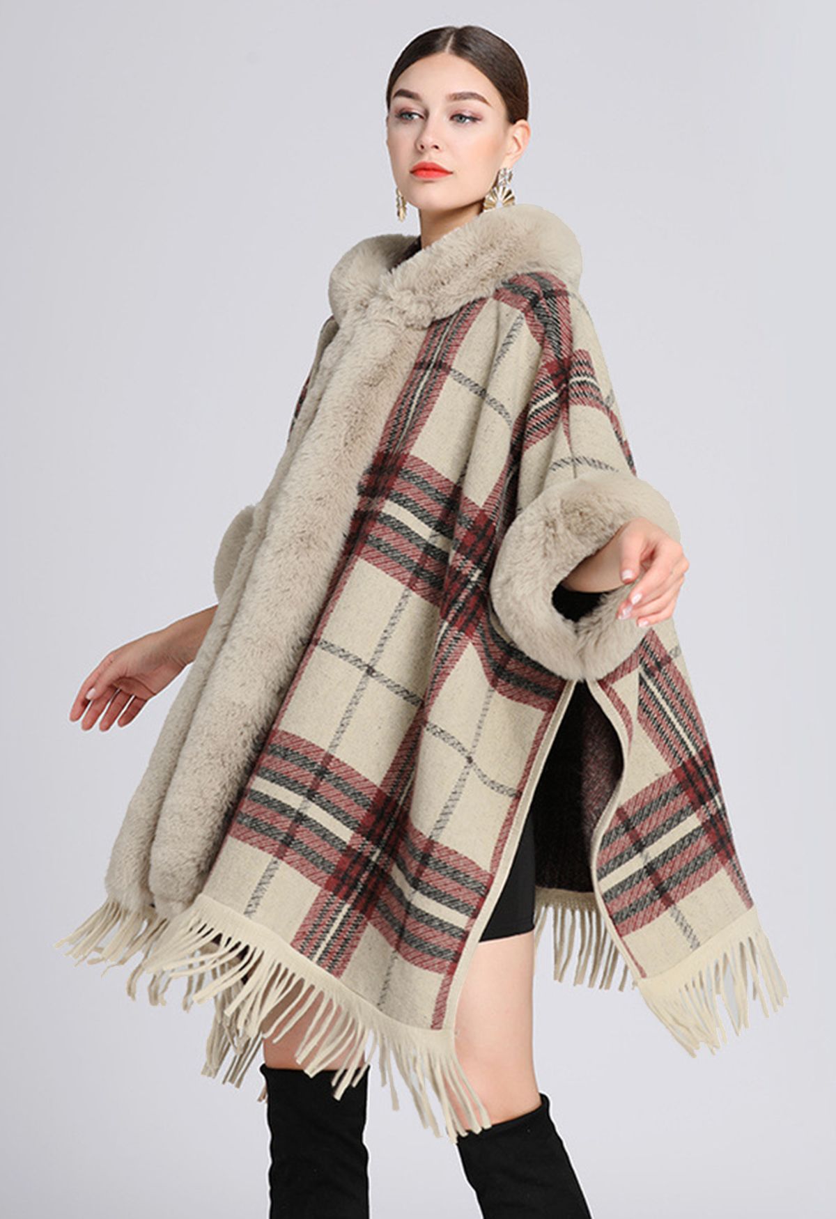 Plaid Fringe Faux Fur Hooded Poncho in Camel