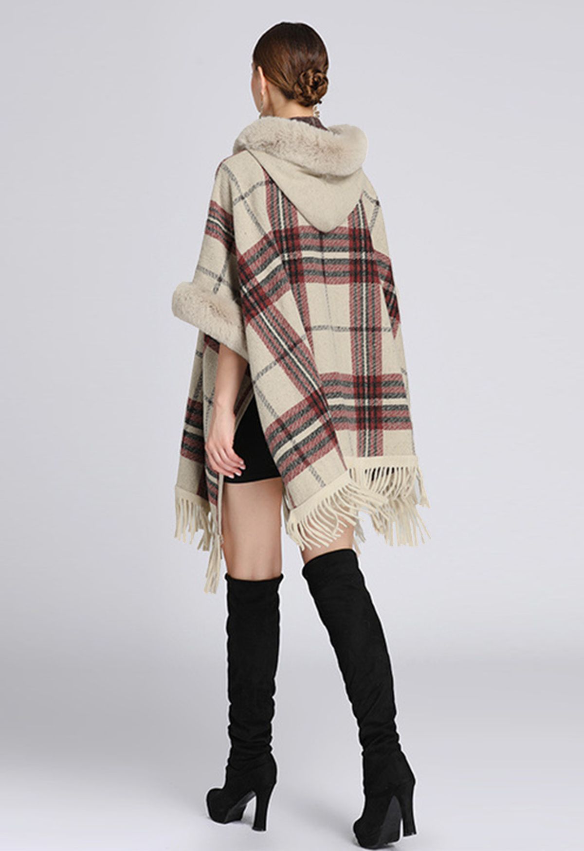 Plaid Fringe Faux Fur Hooded Poncho in Camel