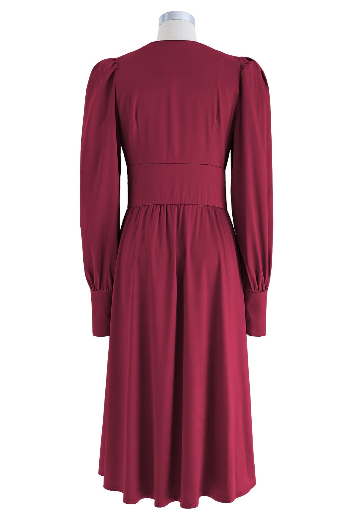 Puff Sleeves Button Up Satin Midi Dress in Burgundy