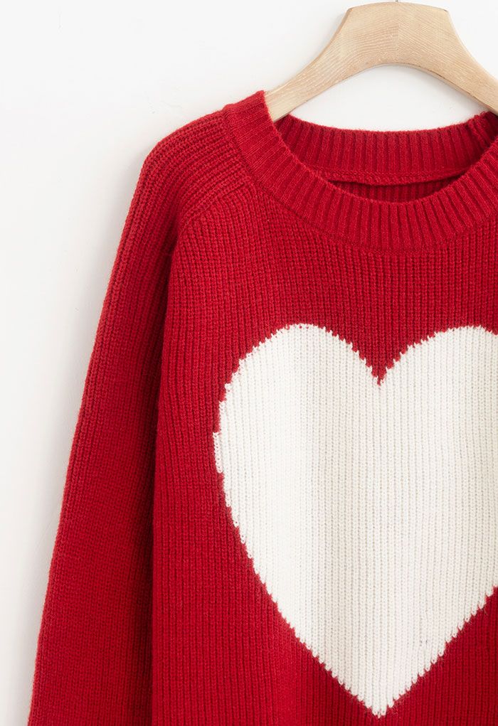 One Heart Rib Knit Oversized Sweater in Red