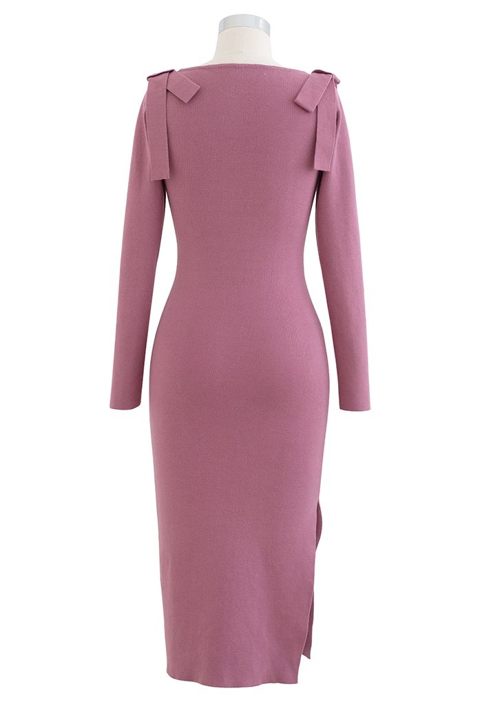 Bowknot Shoulder Split Side Bodycon Knit Dress in Lilac