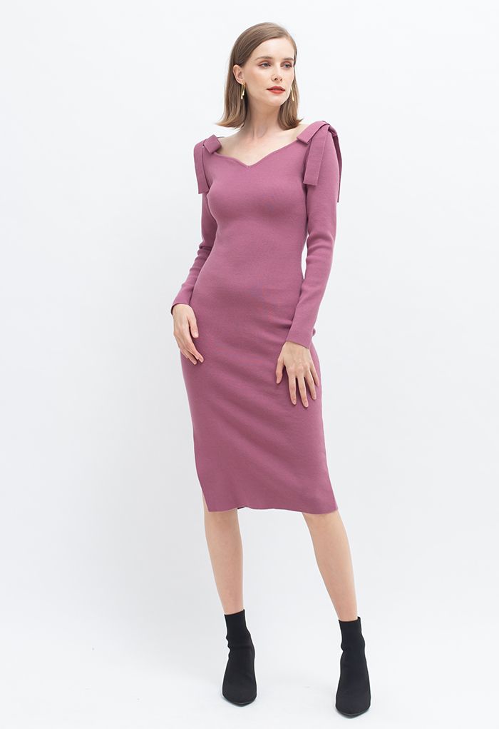 Bowknot Shoulder Split Side Bodycon Knit Dress in Lilac