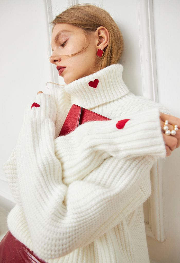 Embroidered Red Heart Turtleneck Crop Sweater in White