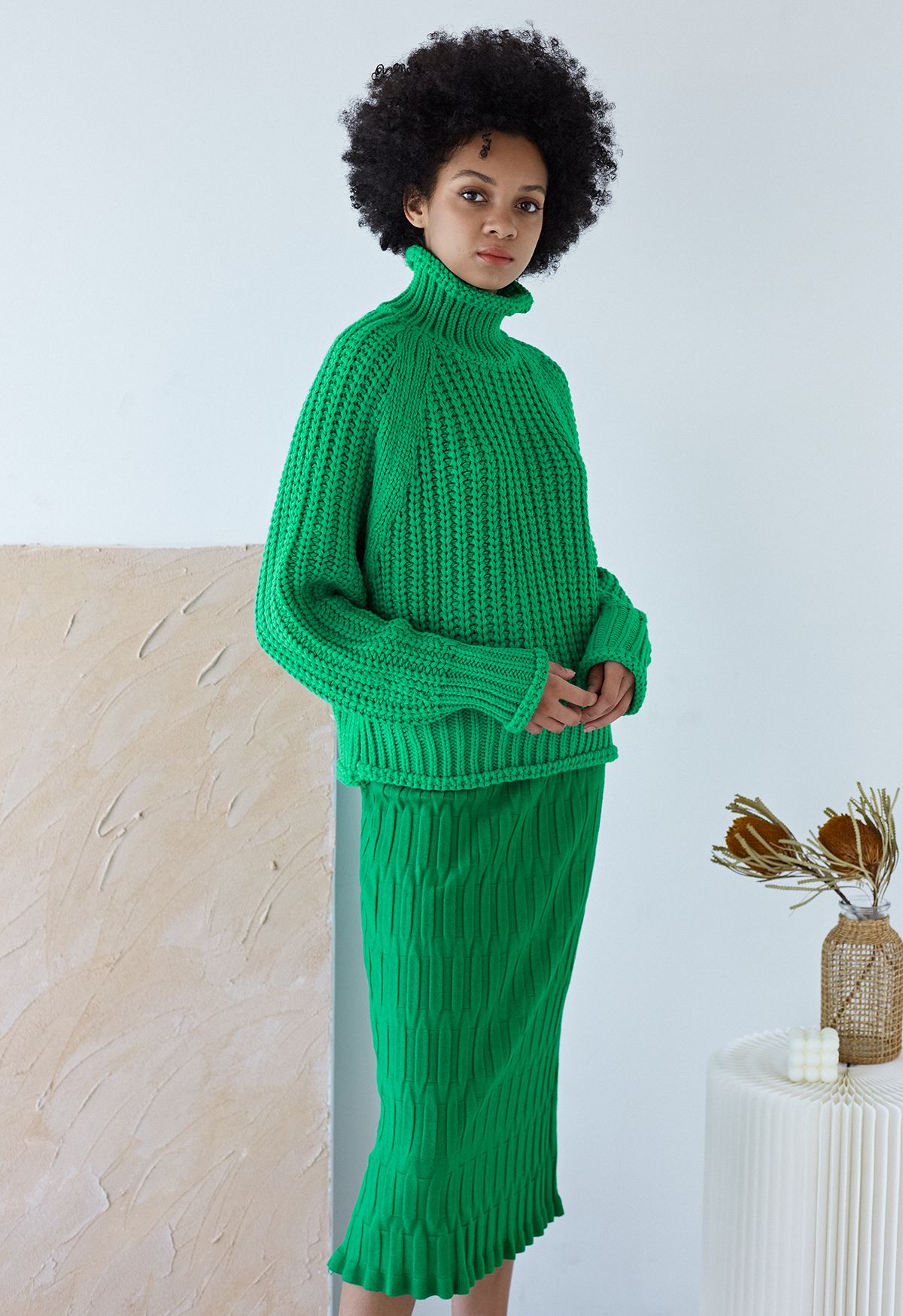 High Neck Chunky Knit Sweater in Green