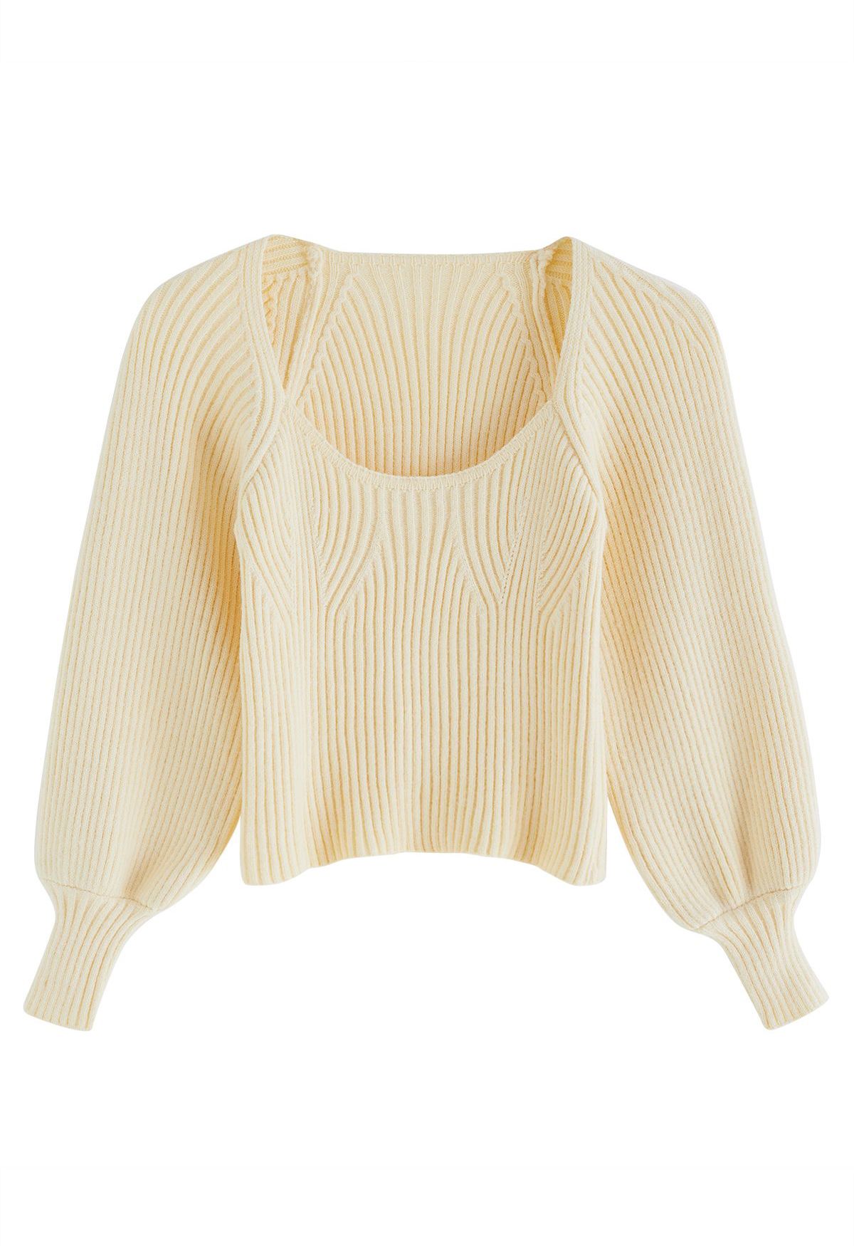 Wide Round Neck Rib Knit Top in Cream