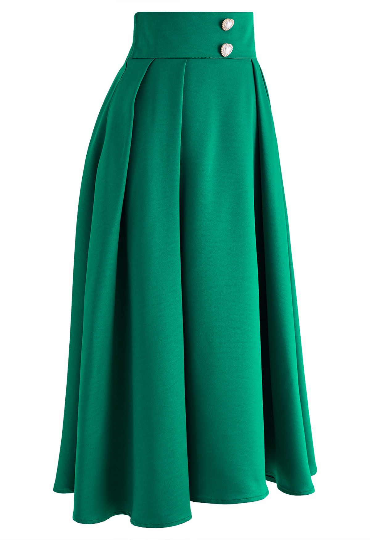 Pearl Heart Buttoned A-Line Midi Skirt in Emerald