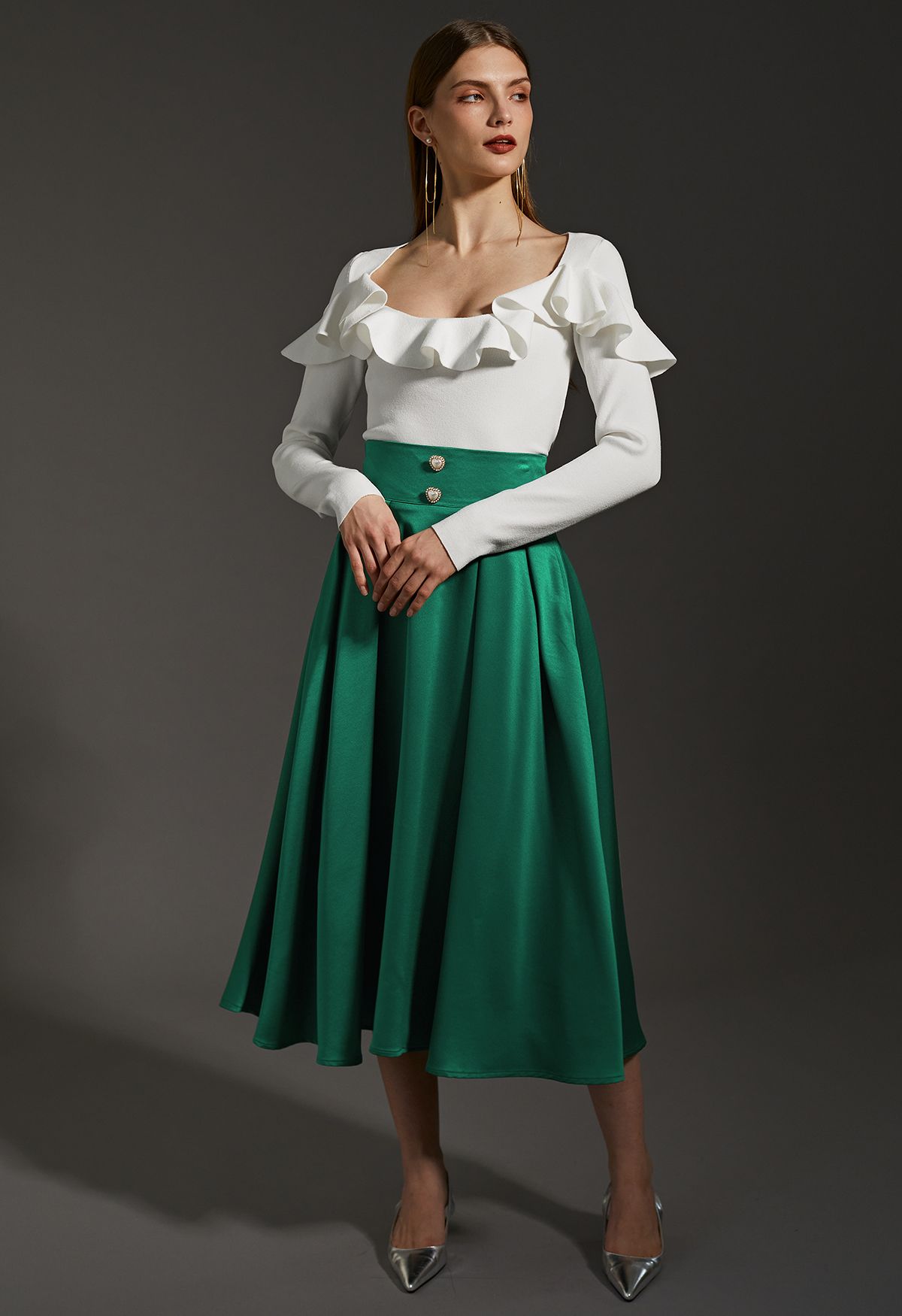 Pearl Heart Buttoned A-Line Midi Skirt in Emerald