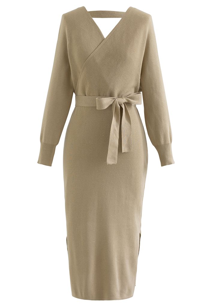 Batwing Sleeve Wrapped Midi Knit Dress in Camel