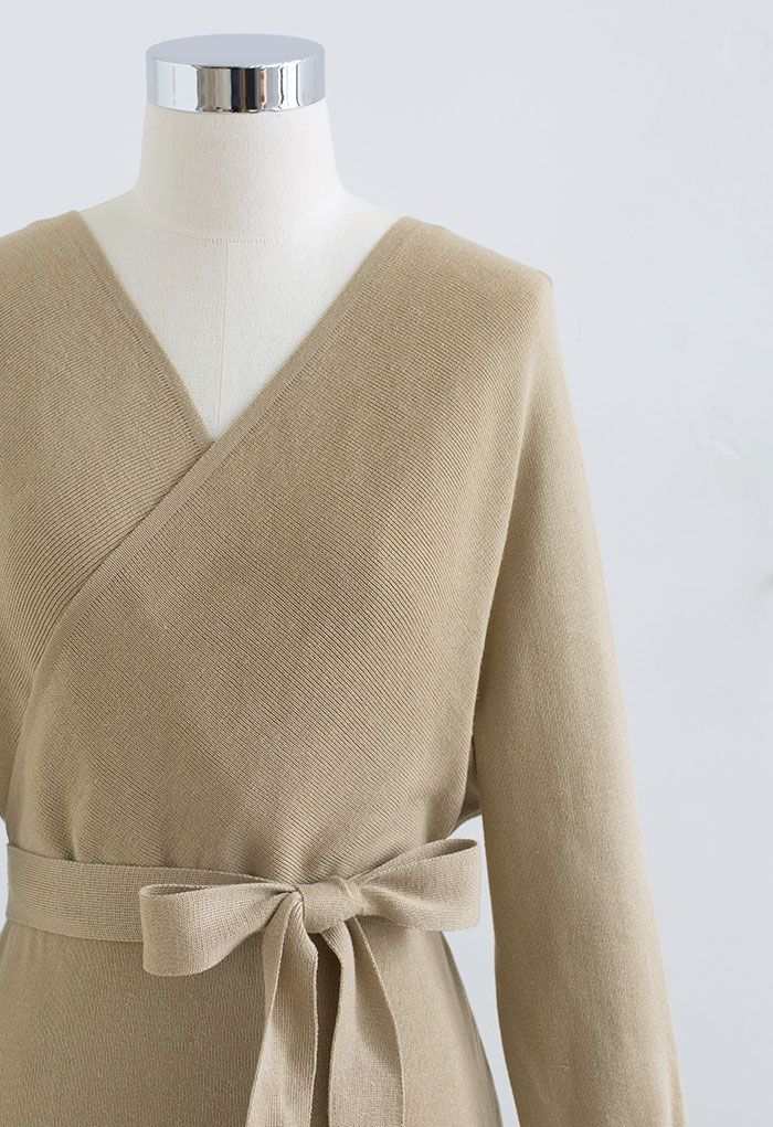 Batwing Sleeve Wrapped Midi Knit Dress in Camel