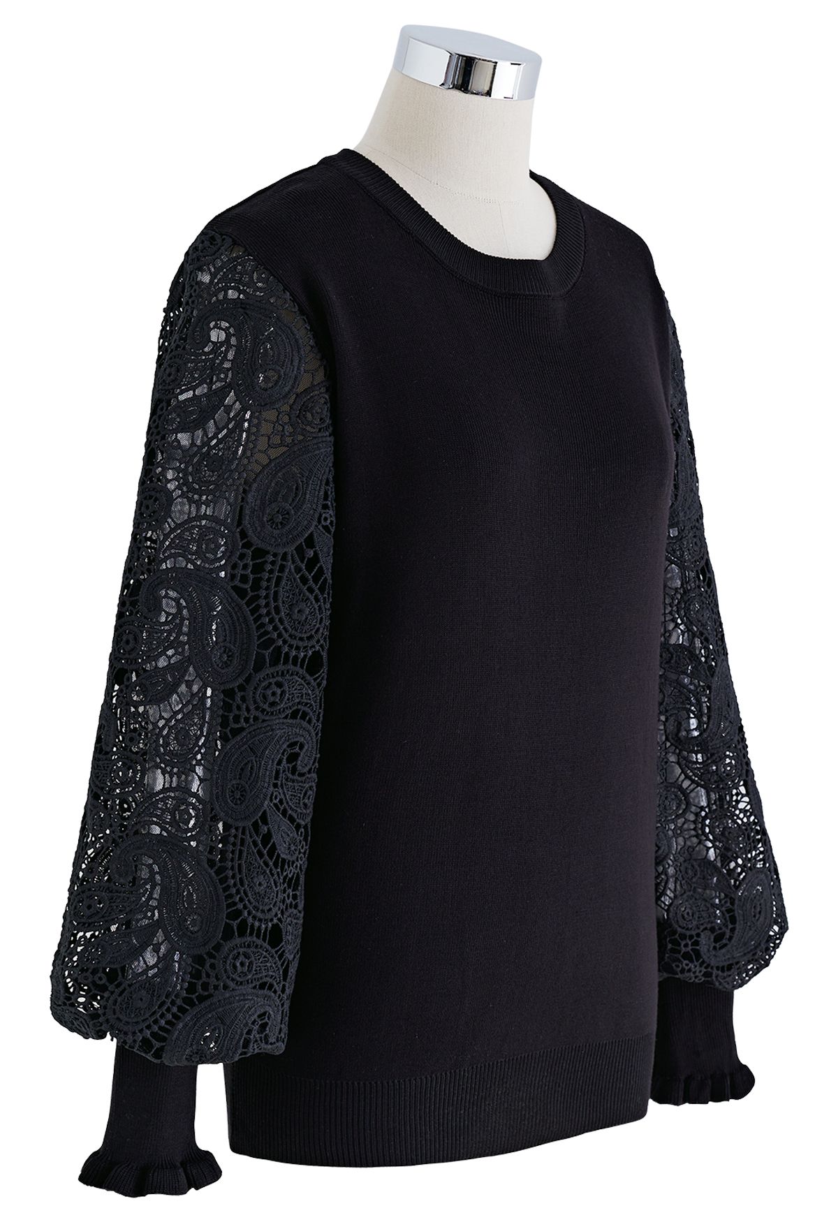 Paisley Crochet Sleeve Knit Top in Black