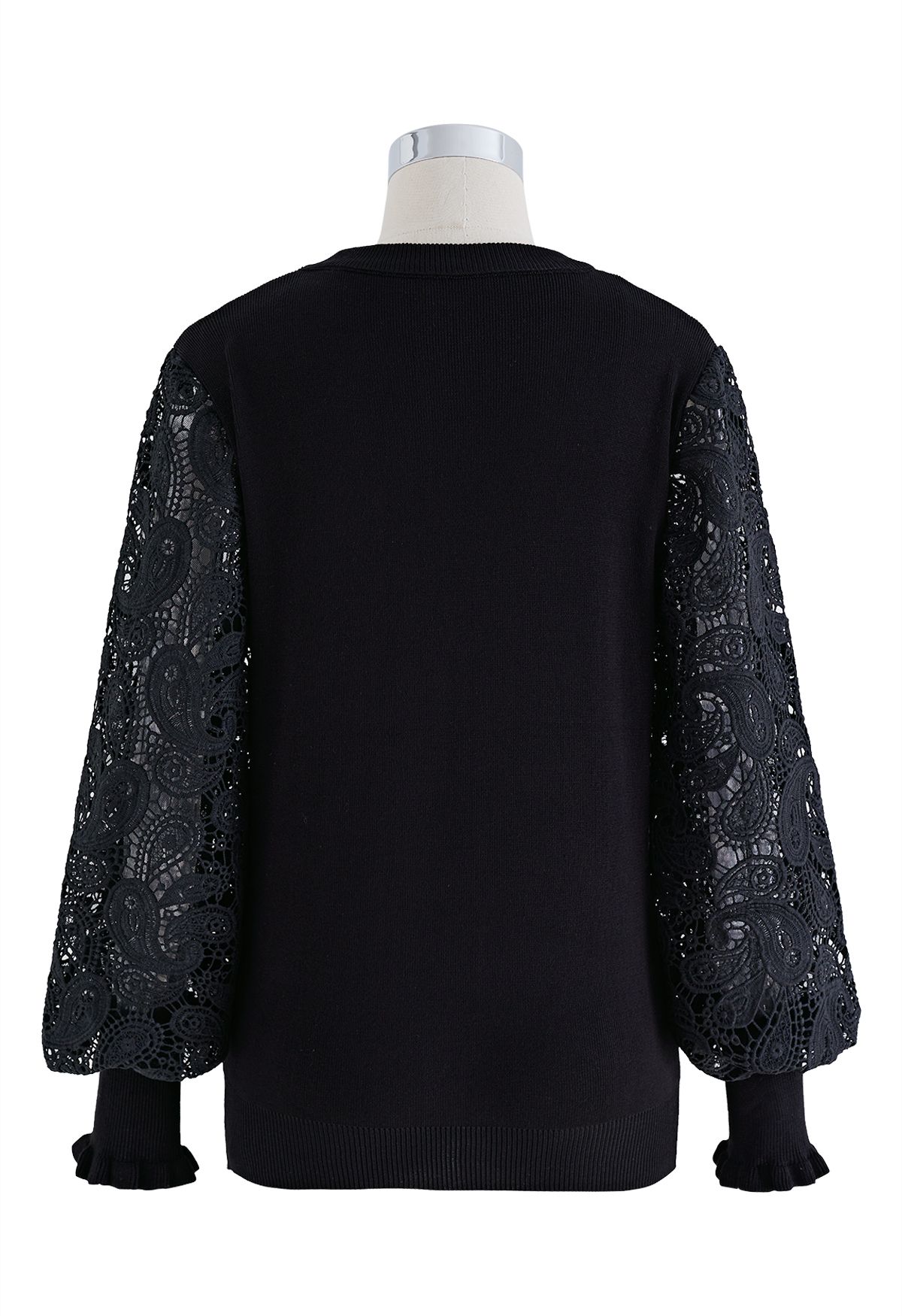 Paisley Crochet Sleeve Knit Top in Black