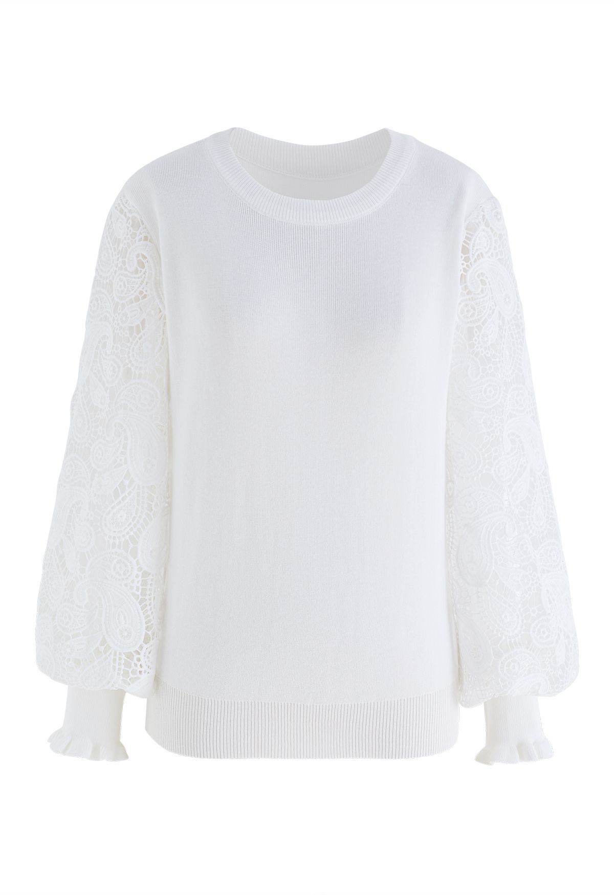 Paisley Crochet Sleeve Knit Top in White