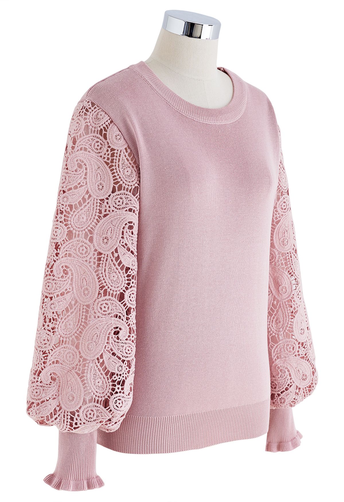 Paisley Crochet Sleeve Knit Top in Pink