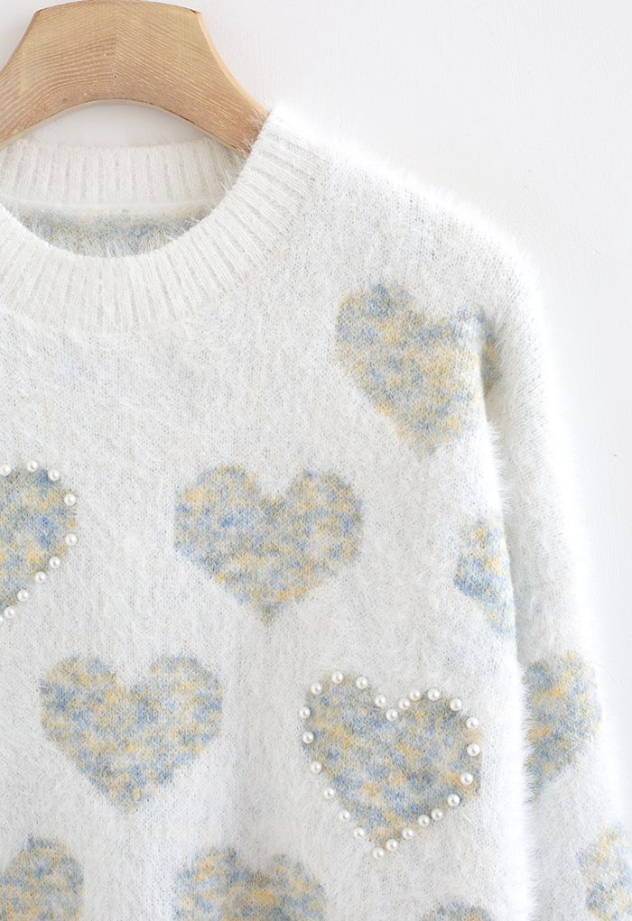 Fuzzy Blue Heart Pearl Trim Knit Sweater