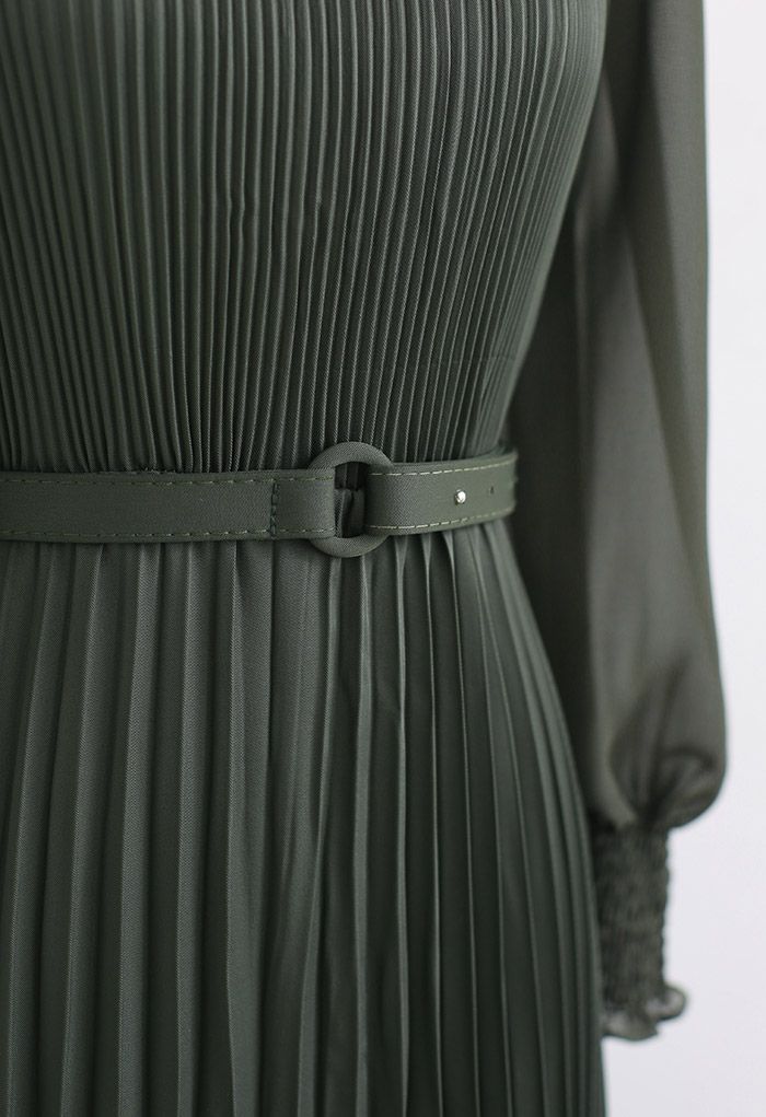 Full Pleated Belted Maxi Dress in Dark Green