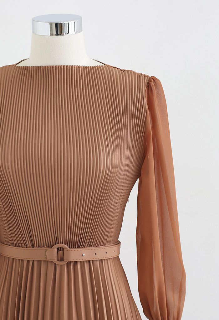 Full Pleated Belted Maxi Dress in Tan