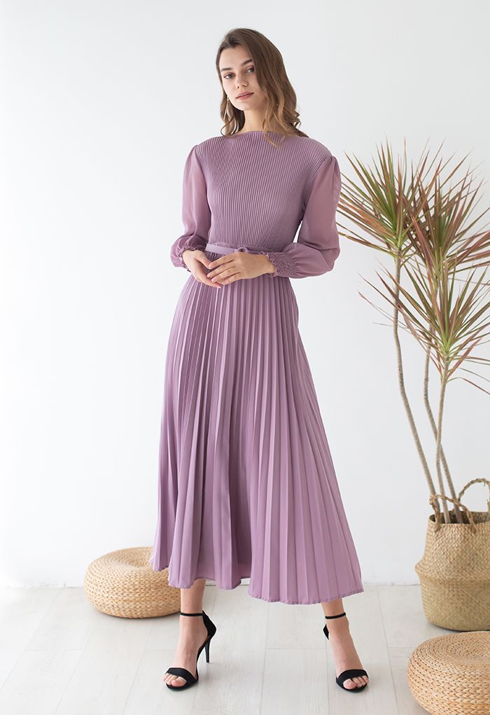 Full Pleated Belted Maxi Dress in Lilac