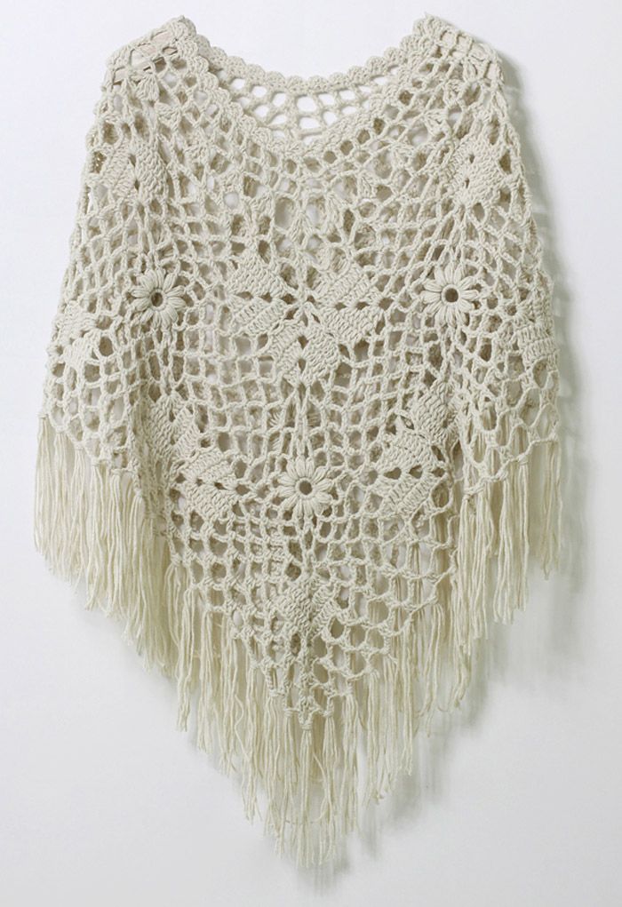 Delicate Hand-knit Fringe Cape in Off-White