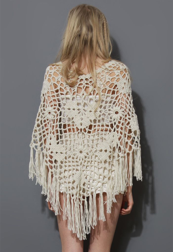 Delicate Hand-knit Fringe Cape in Off-White