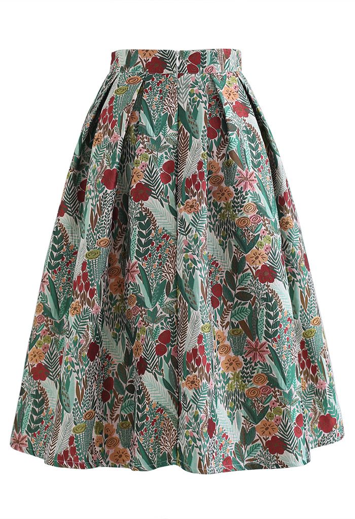 Spring Scenery Jacquard Pleated Midi Skirt