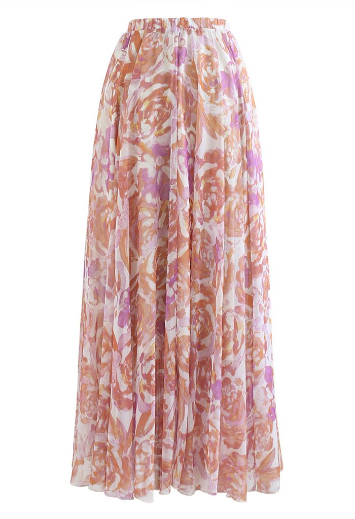 Rose Painting Chiffon Maxi Skirt