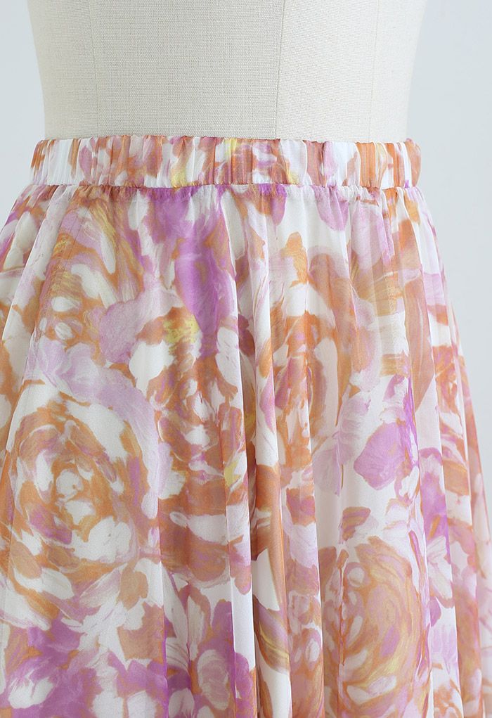 Rose Painting Chiffon Maxi Skirt