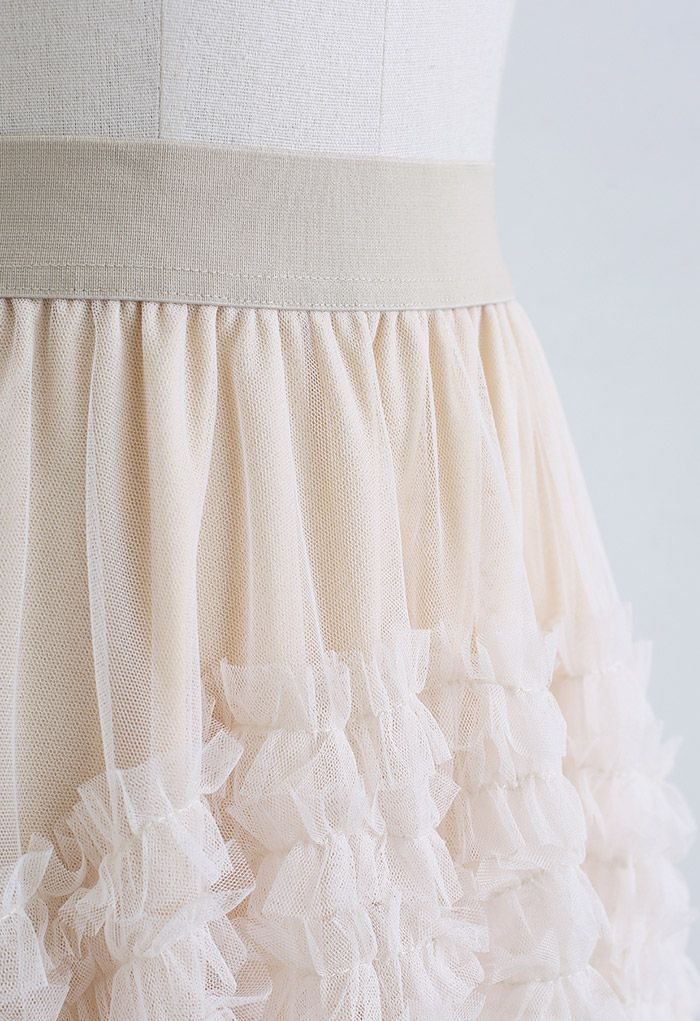 Ruffle Tiered Hi-Lo Mesh Tulle Skirt in Cream