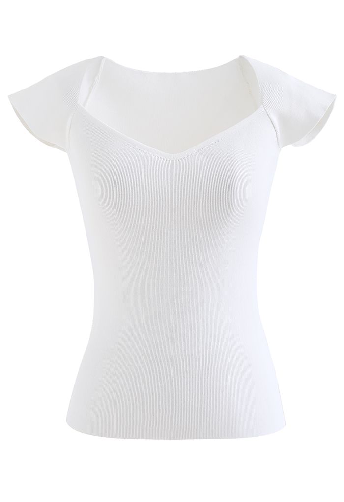 Sweetheart Neck Short-Sleeve Fitted Knit Top in White