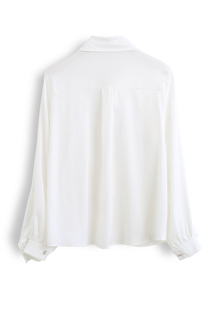 Crystal Ruffle Sleeve Satin Shirt in White