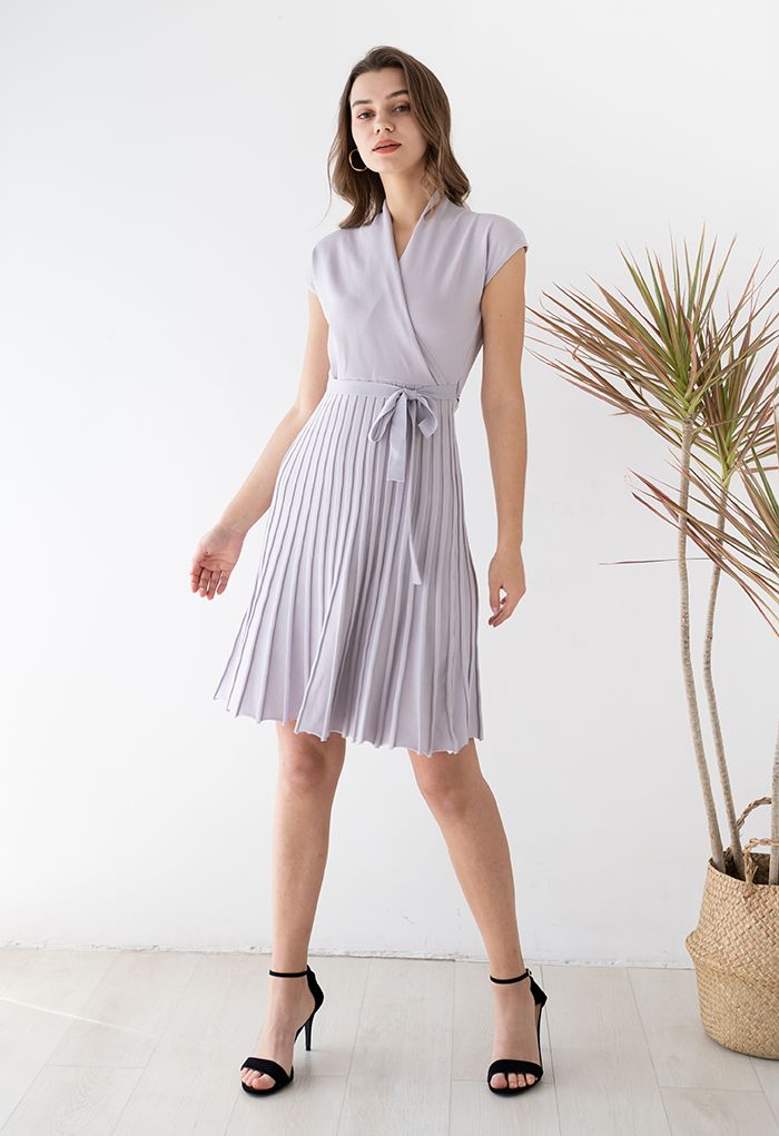 Pleated Sleeveless Wrapped Knit Dress in Lavender