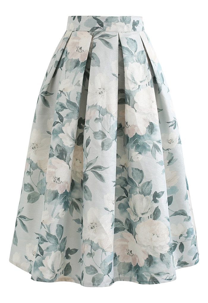 Shimmery Flower Jacquard Pleated Midi Skirt