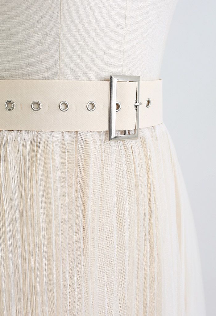 Full Pleated Double-Layered Mesh Midi Skirt in Cream