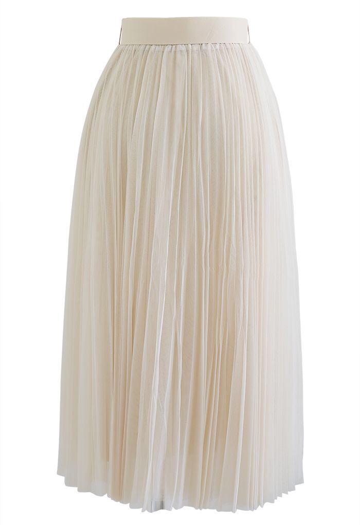 Full Pleated Double-Layered Mesh Midi Skirt in Cream