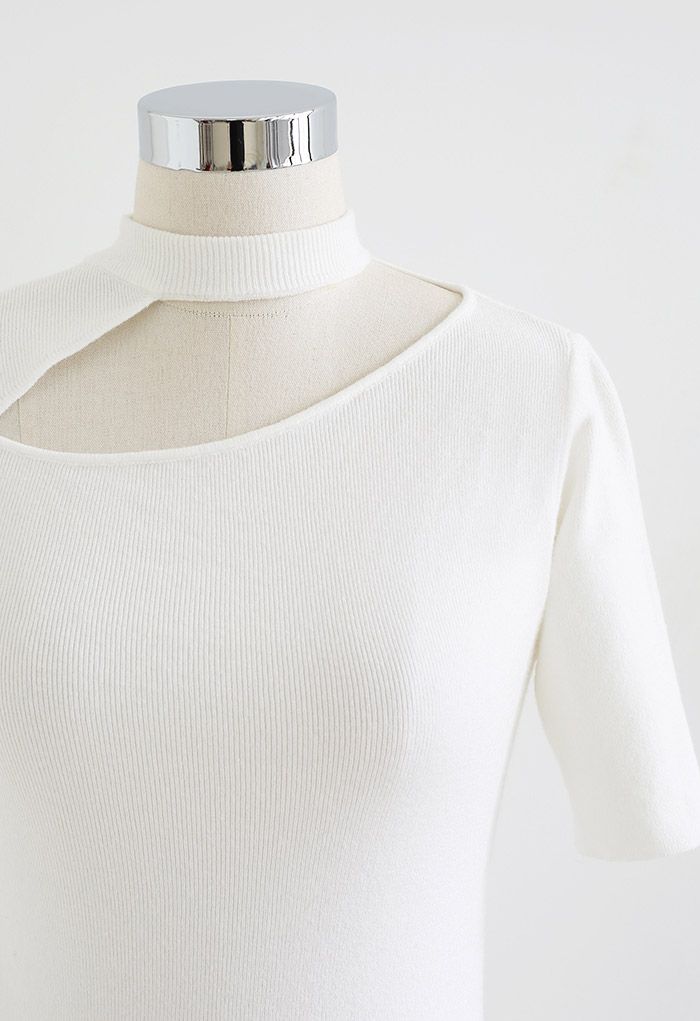 Cutout Halter Neck Short-Sleeve Knit Top in White