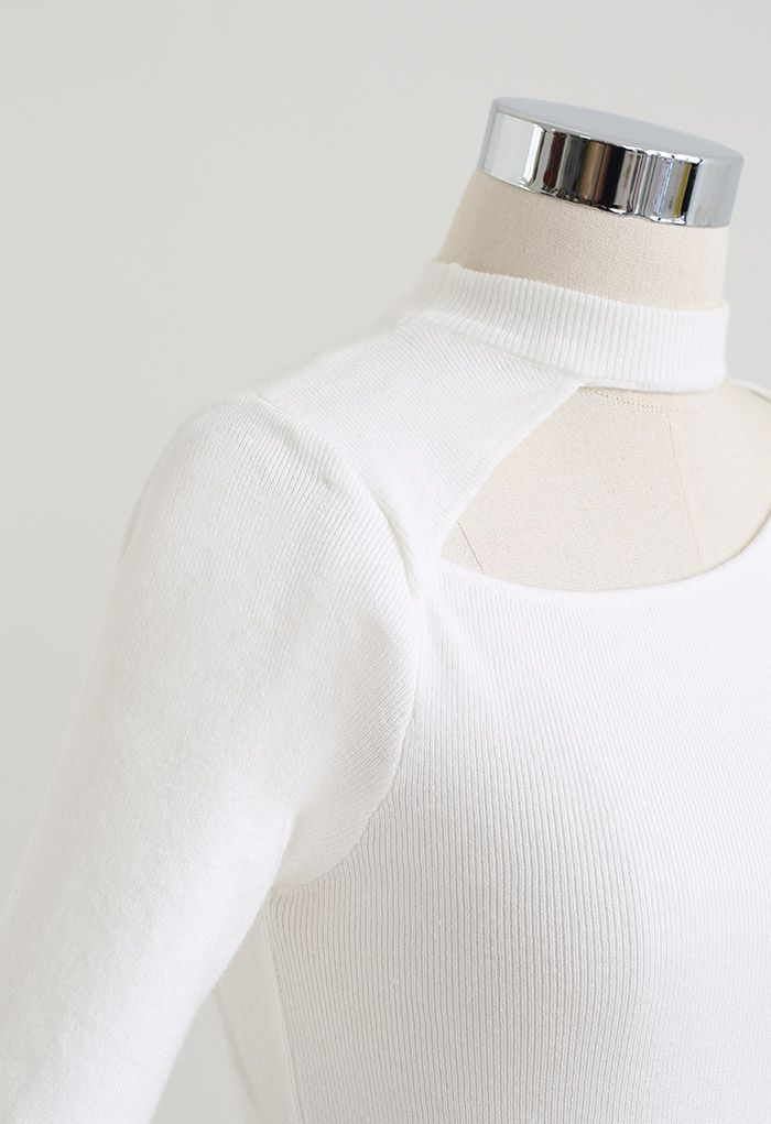 Cutout Halter Neck Short-Sleeve Knit Top in White