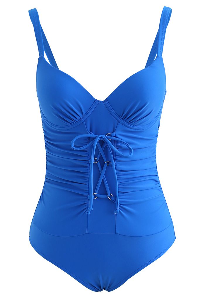 Ruched Lace-Up Front Open Back Swimsuit in Blue