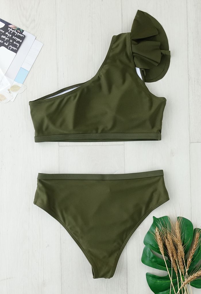 Army Green Ruffled Cutout One-Shoulder Bikini Set