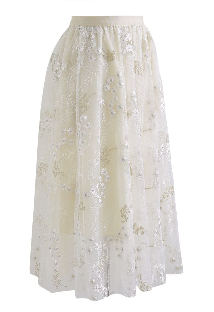 Divine Daisy Embroidered Mesh Tulle Skirt in Cream