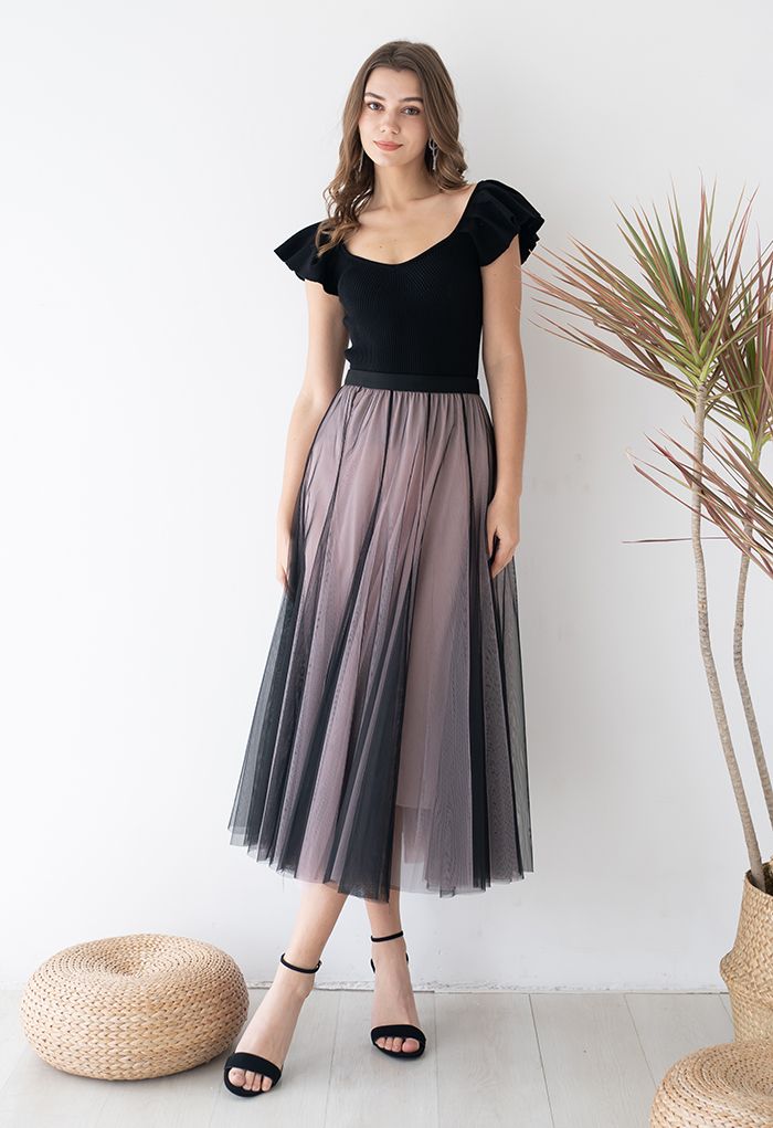 Mixture Color Panelled Tulle Maxi Skirt in Black