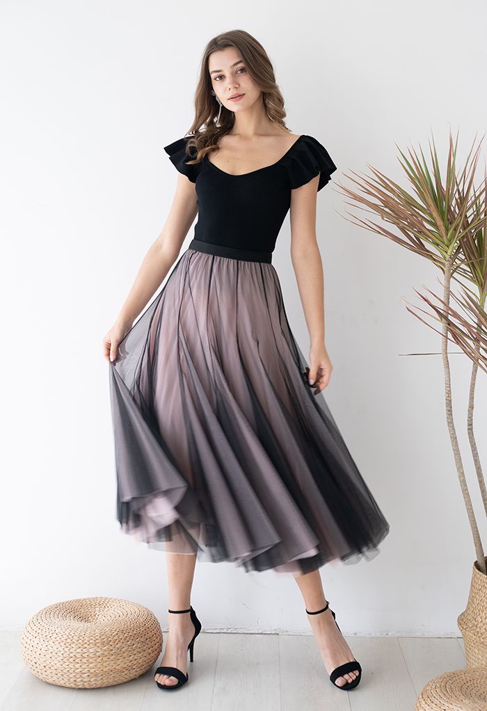 Mixture Color Panelled Tulle Maxi Skirt in Black