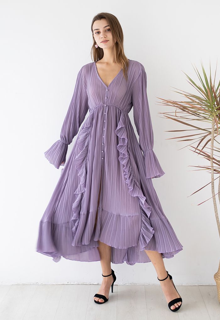 Breezy Ruffle Asymmetric Pleated Chiffon Maxi Dress in Lilac