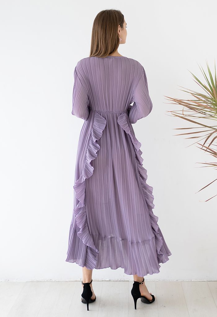 Breezy Ruffle Asymmetric Pleated Chiffon Maxi Dress in Lilac