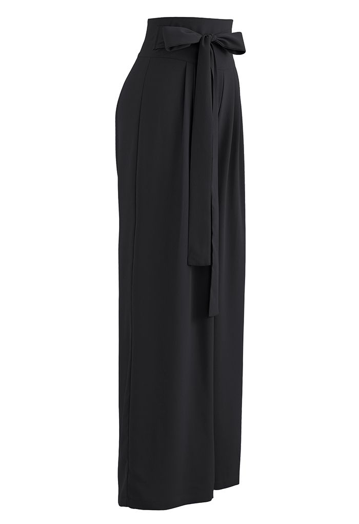 Bowknot High Waist Wide-Leg Pants in Black