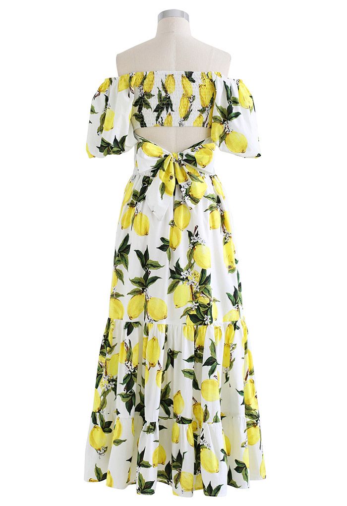 Off-Shoulder Bowknot Crop Top and Flare Skirt Set in Lemon Print