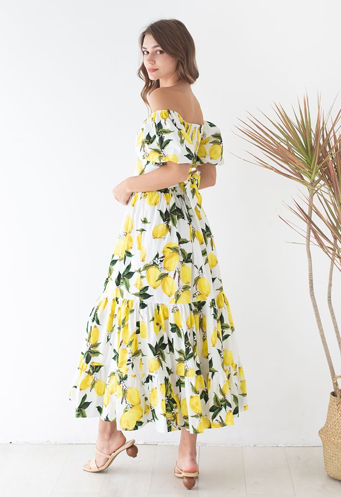 Off-Shoulder Bowknot Crop Top and Flare Skirt Set in Lemon Print