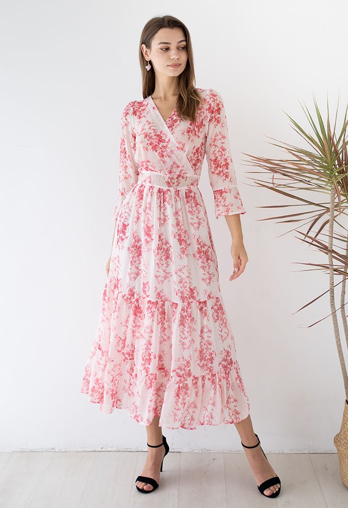 Flounced Cuffs Floral Print Chiffon Wrap Dress