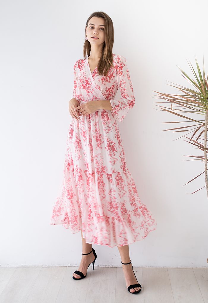 Flounced Cuffs Floral Print Chiffon Wrap Dress