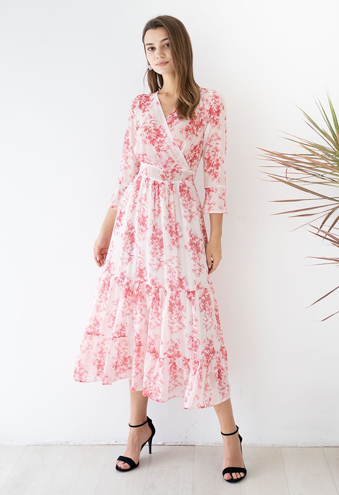 Flounced Cuffs Floral Print Chiffon Wrap Dress