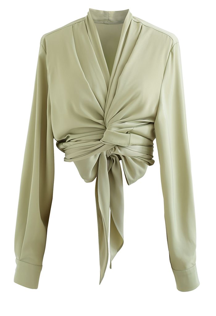 Crisscross Tie-Bow Satin Top in Pistachio